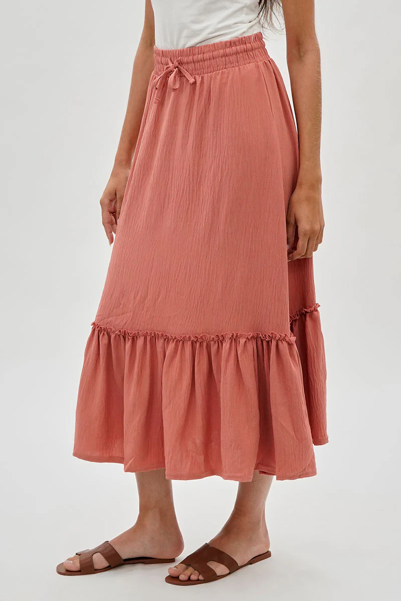 Vintage Tiered Cinched Skirt - Coral