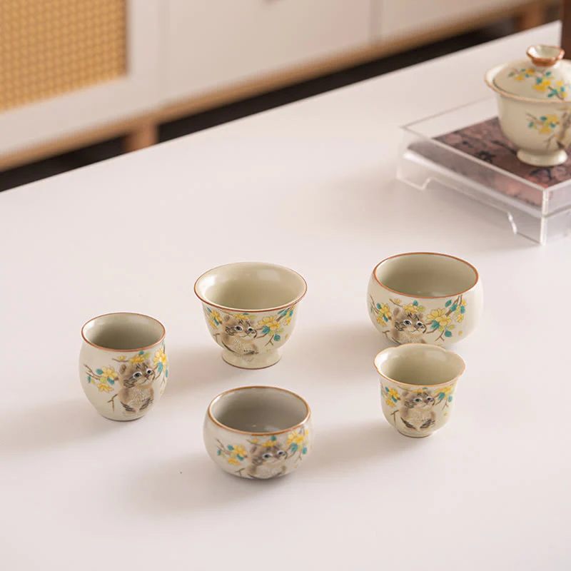 Cute Cat Yellow Flowers Rabbit Teacup Kung Fu Tea Cup
