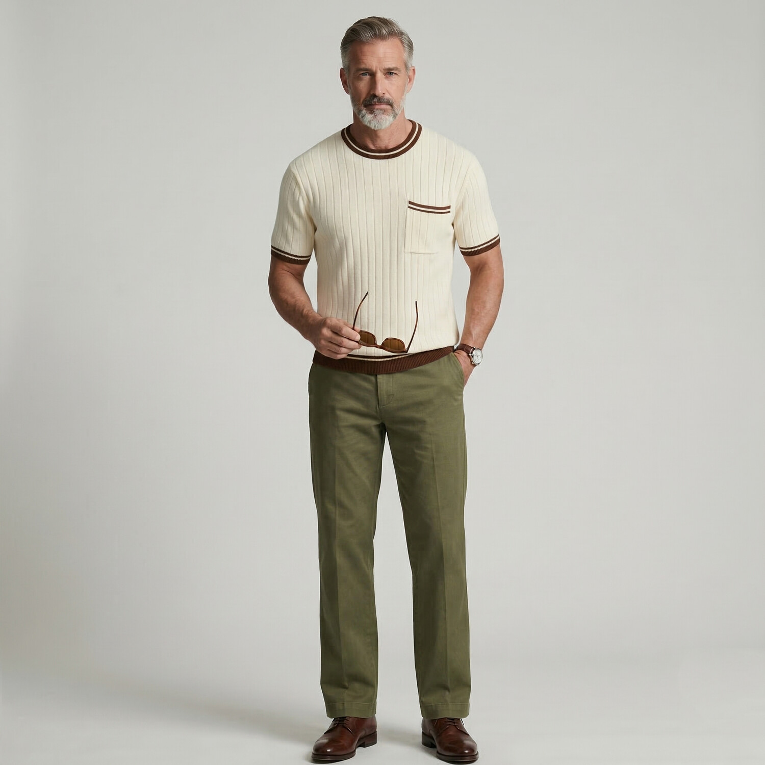 Men's Business Casual Contrast Trim Chest Pocket Crew Neck Ribbed T-Shirt