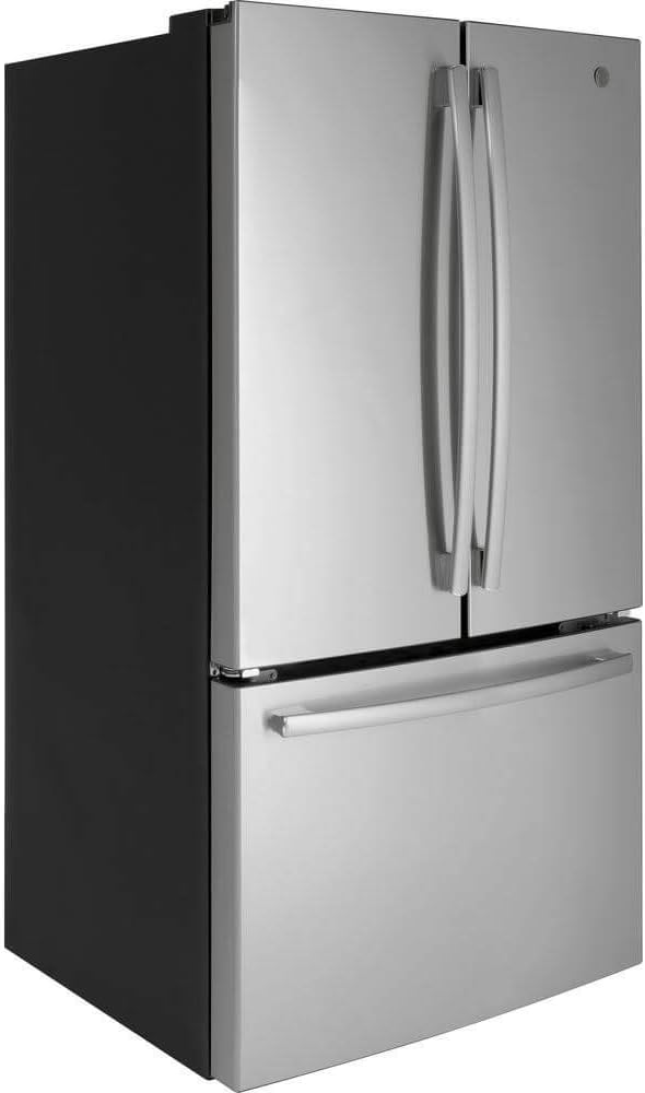 GE GNE27JYMFS 36-inch French Door Refrigerator with 27 cubic feet total capacity with ENERGY STAR LED lighting, built-in water dispenser, spill-proof shelves, and fingerprint-resistant stainless steel