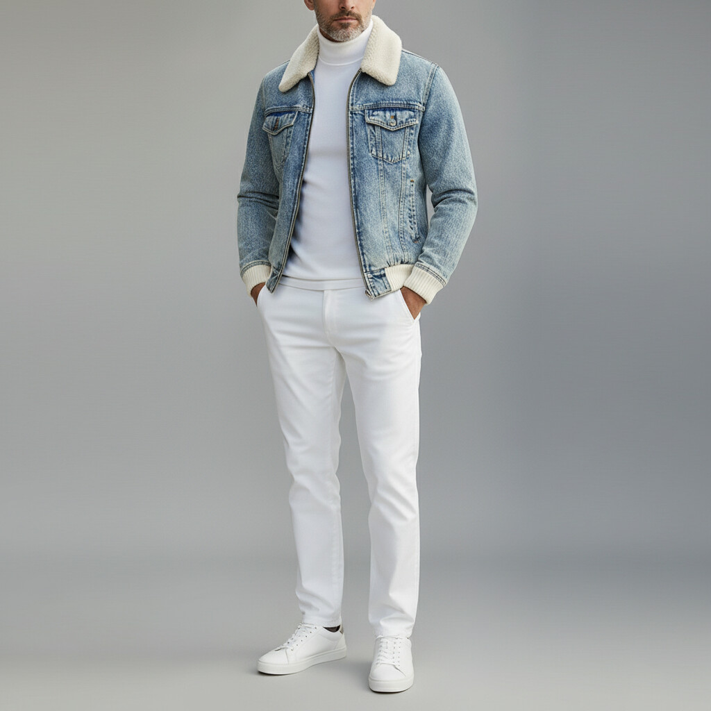 Men's Light Blue Denim Shearling Collar Knit Cuffs Pocket Long Sleeve Zipper Jacket