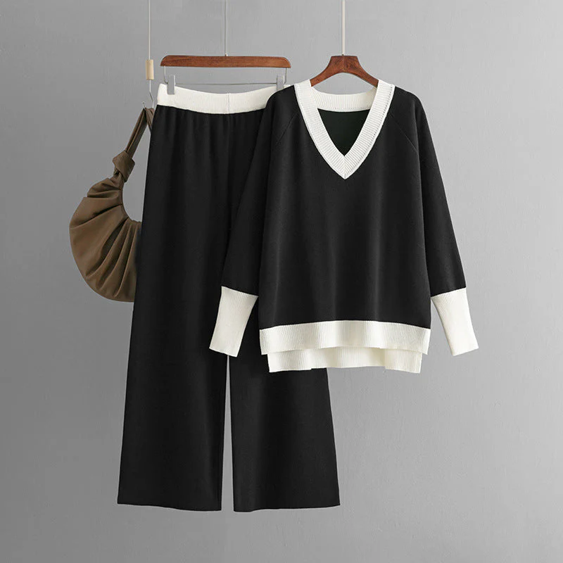 Casual V-Neck Contrast Top & Wide-Leg Pants Two-Piece Set