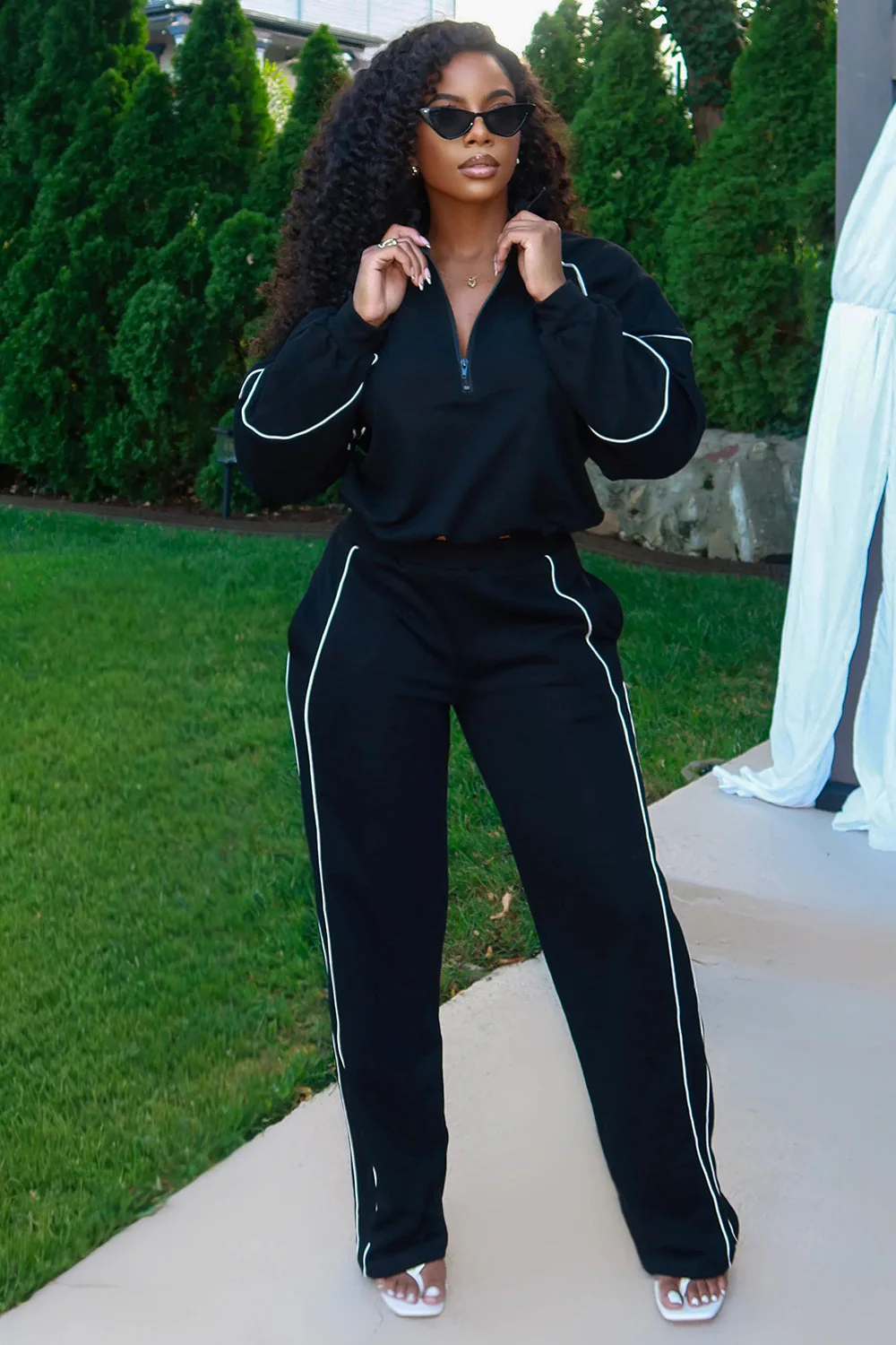 Contrast Line Half-Zip Sweatshirt Wide Leg Pants 2pcs Set-Black