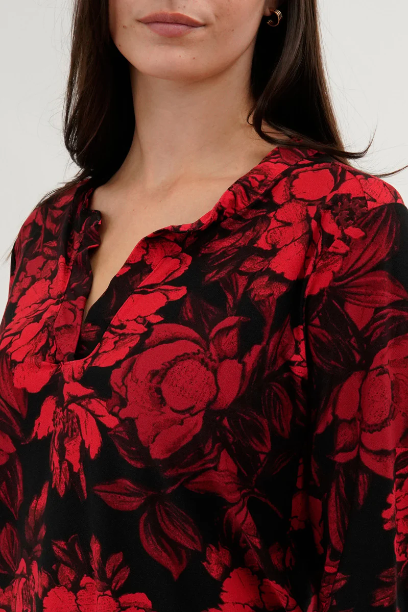 Floral Split Neck Blouse - Red