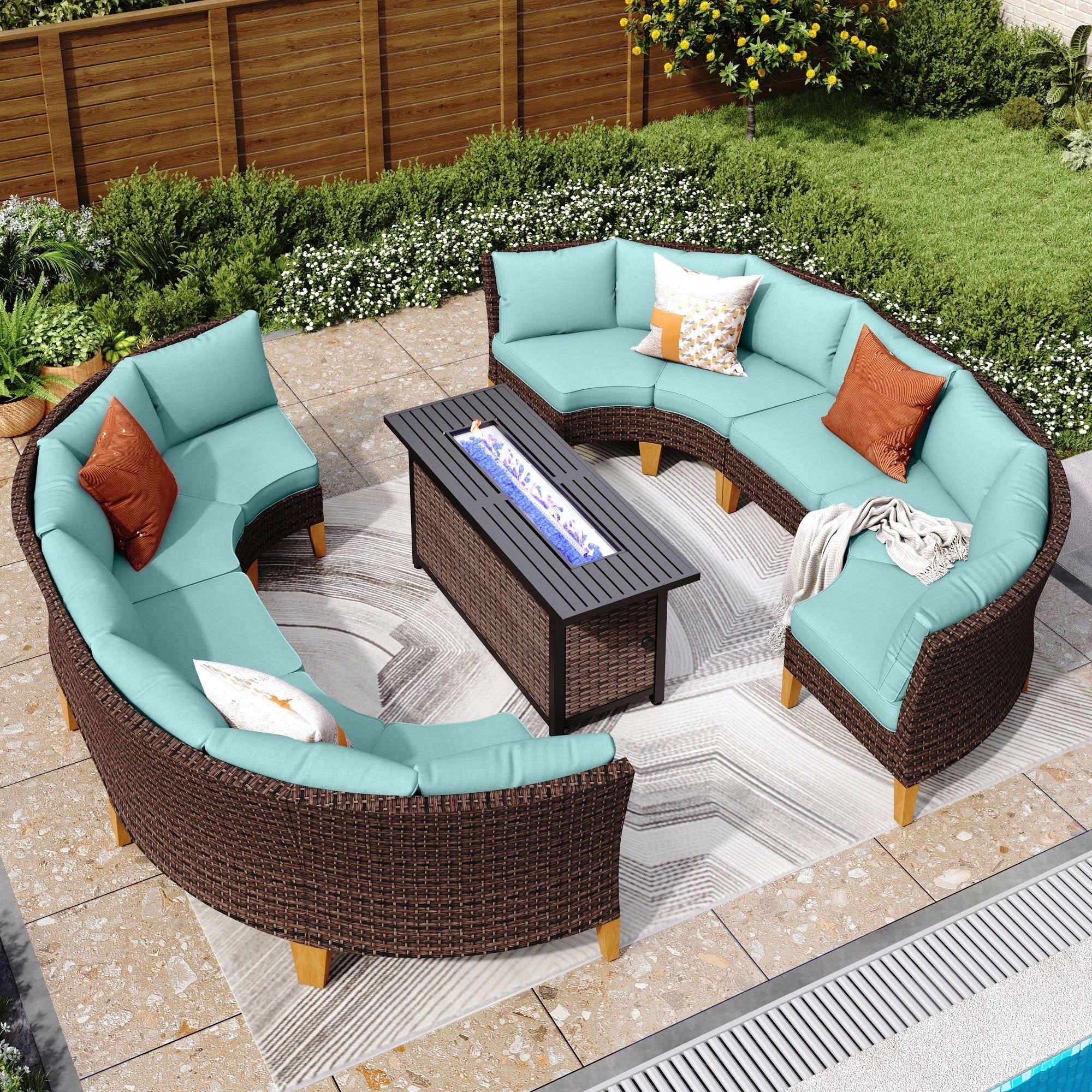 6-11 Piece Patio Outdoor Wicker Sectional Sofa Half-Moon Furniture Set Large Seating Conversation Sets with Fire Pit Table