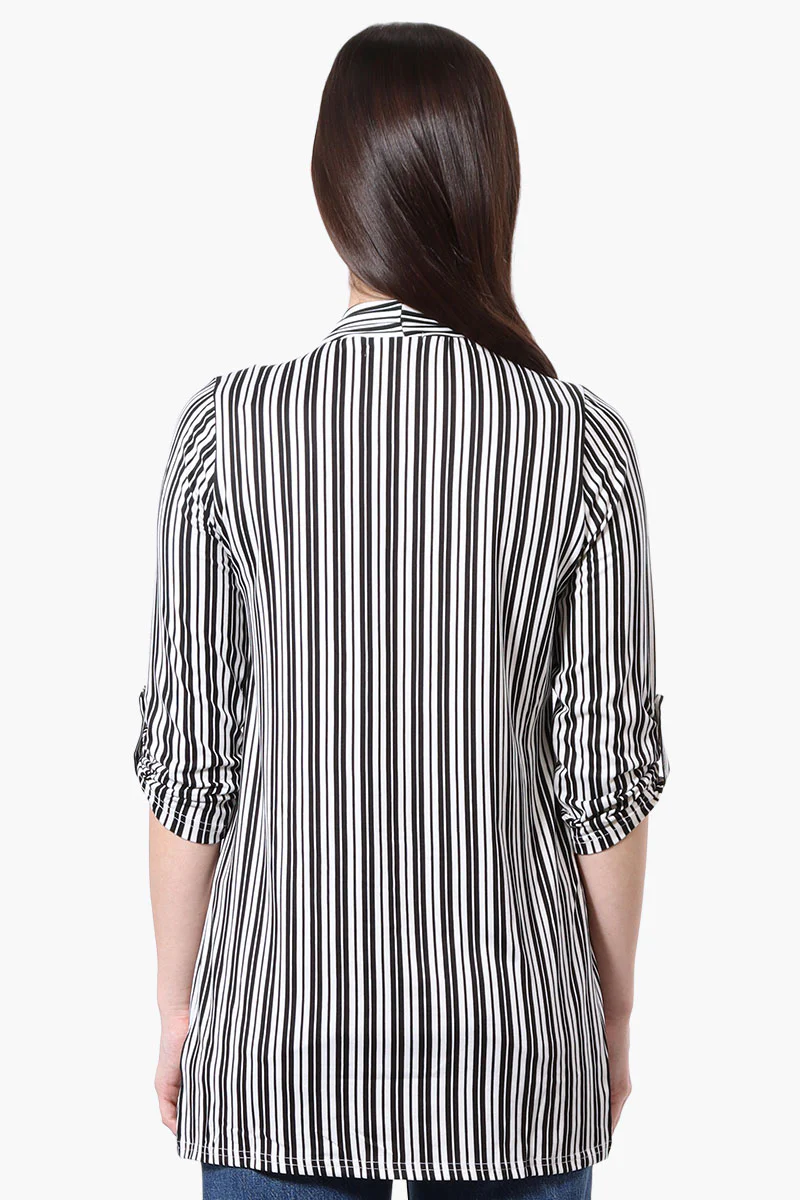 Striped Roll Up Sleeve Wrap Cardigan - White