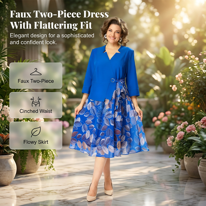 Elegant Faux Two-Piece Leaf Print Dress