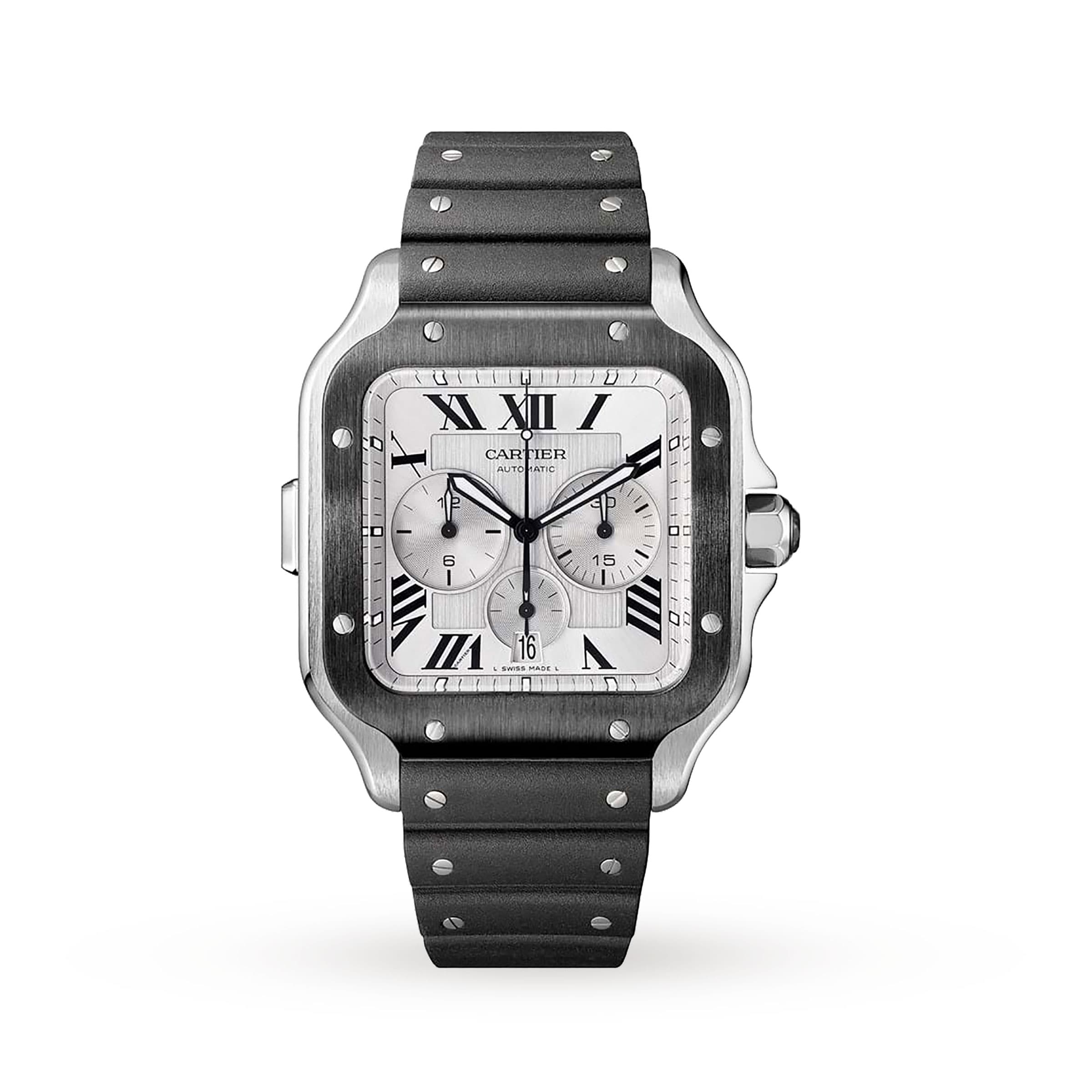 Cartier Santos De Cartier Chronograph Watch Extra-Large Model, Automatic Movement, Steel, ADLC, Interchangeable Rubber And Leather Bracelets-P17311001