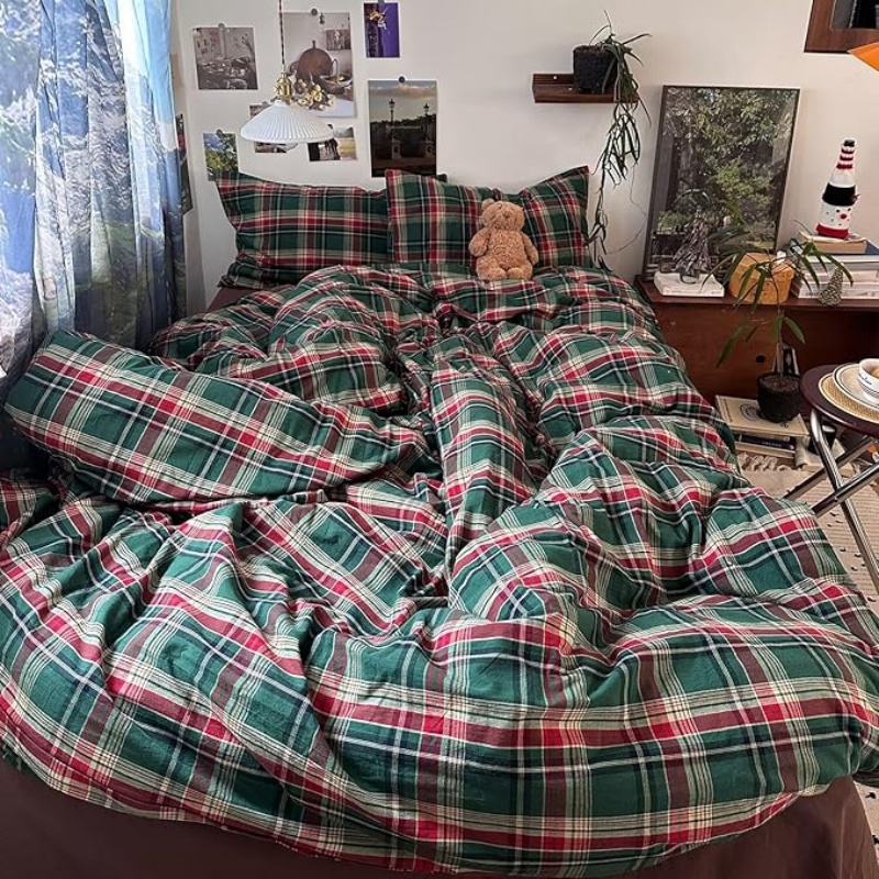 Vintage Green Buffalo Plaid Washed Cotton Duvet Cover Queen