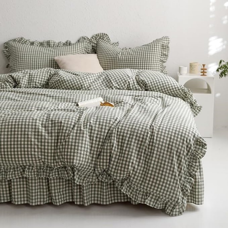 Green Gingham Ruffle Duvet Cover Queen