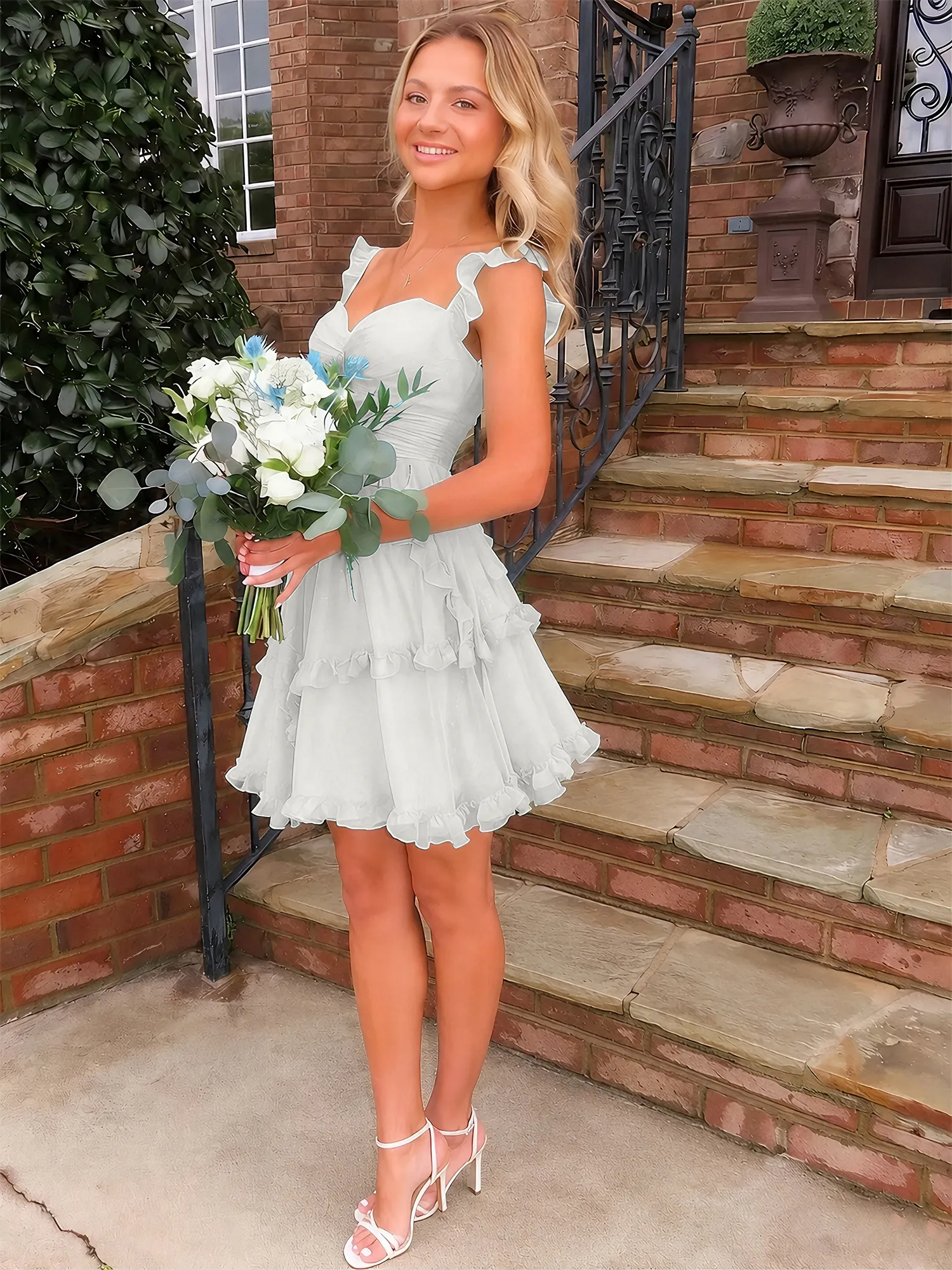 Sweetheart Ruffle Strap Tiered Chiffon Mini Homecoming Dress