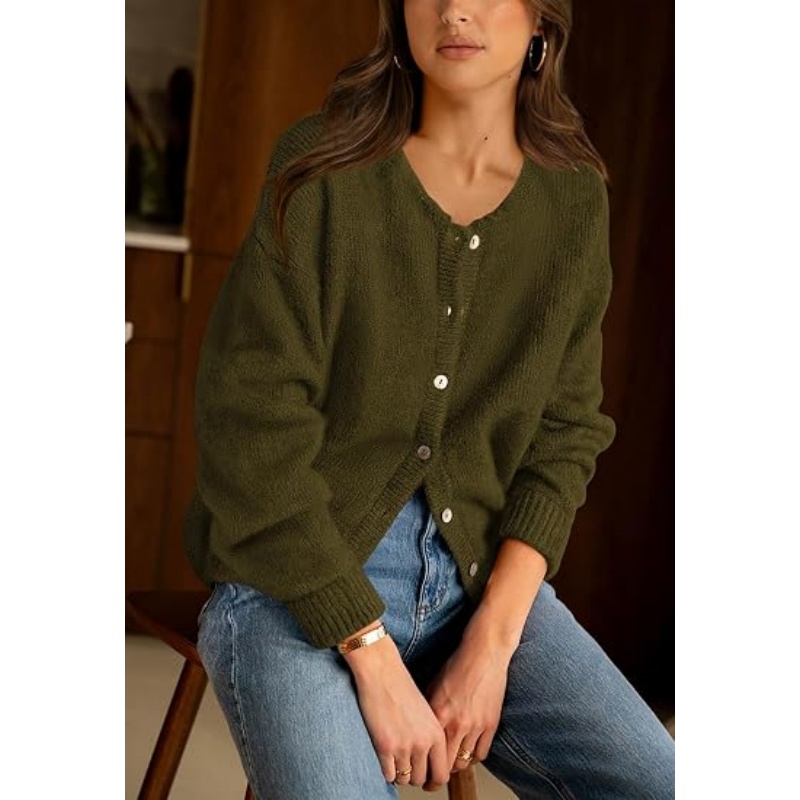 Women Fall Crewneck Button‑Down Knit Cardigan Long Sleeve Drop‑Shoulder Loose Cropped Textured Knit Outerwear