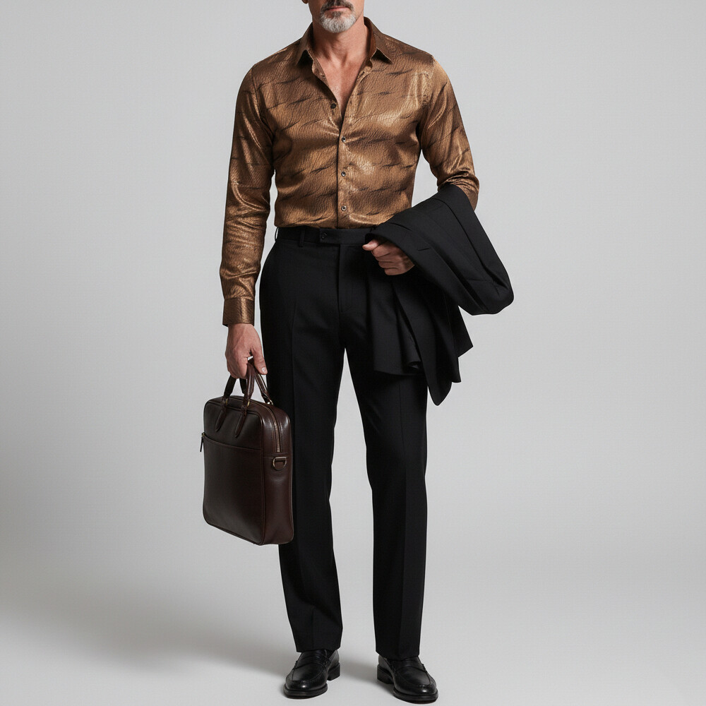 Men's Fashion Textured Shiny Satin Shirt Collar Single Breasted Long Sleeve Shirts