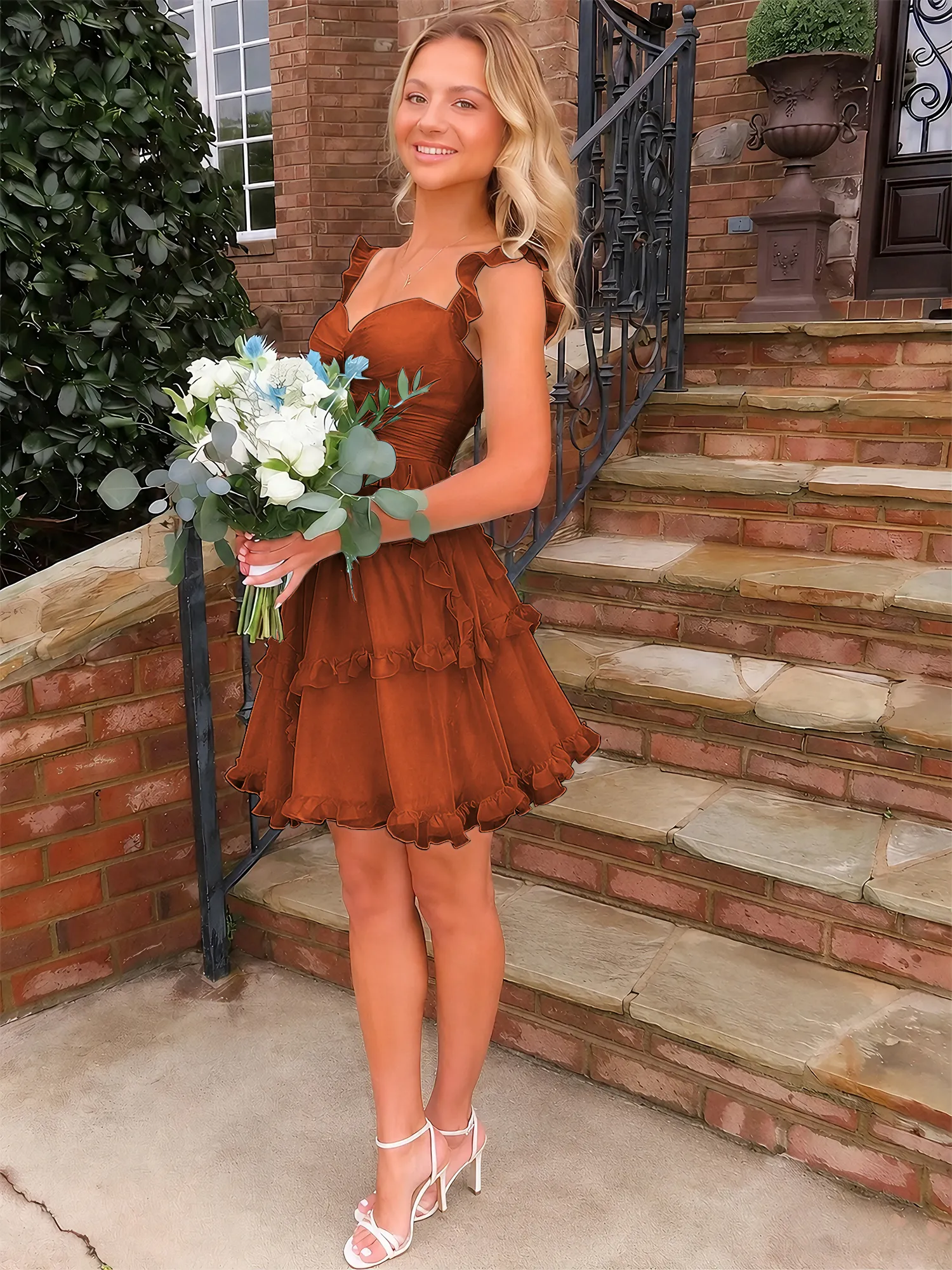 Sweetheart Ruffle Strap Tiered Chiffon Mini Homecoming Dress