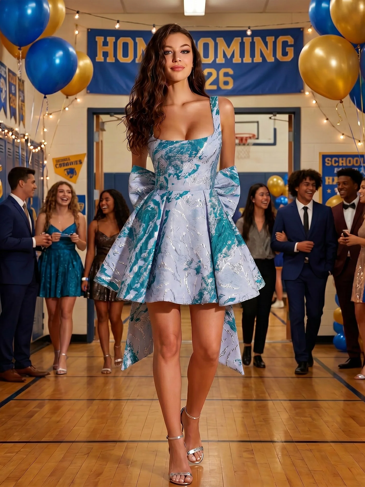 Square Neck Brocade Mini Homecoming Dress with Oversized Back Bow