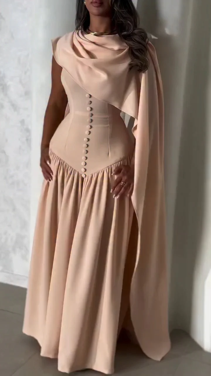 Ladies Round Neck Buckle Patchwork Shawl Elegant Temperament Dinner Dress