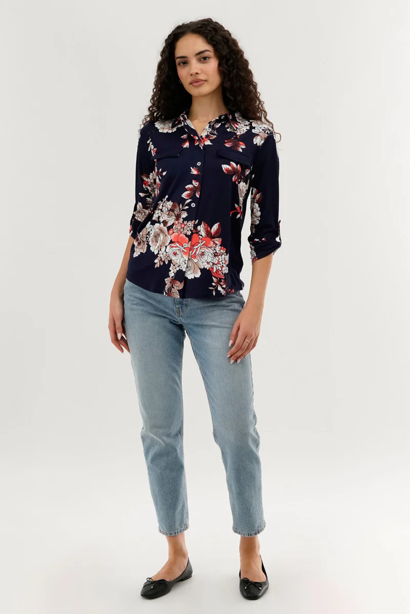 Floral Button Up Blouse - Navy