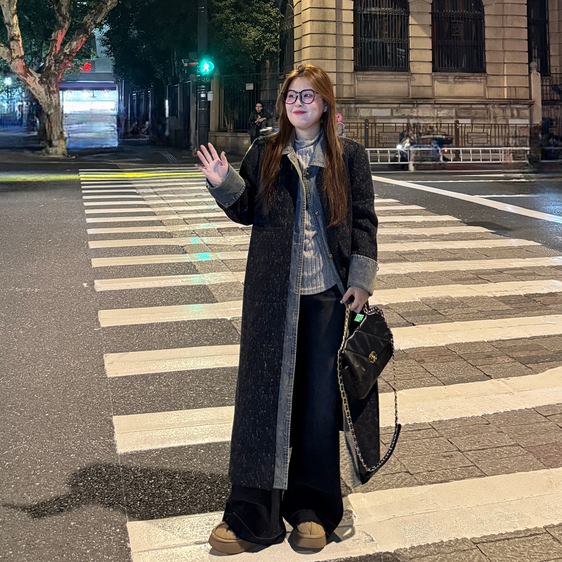 Slim splice denim woolen coat large yard loose overcoat