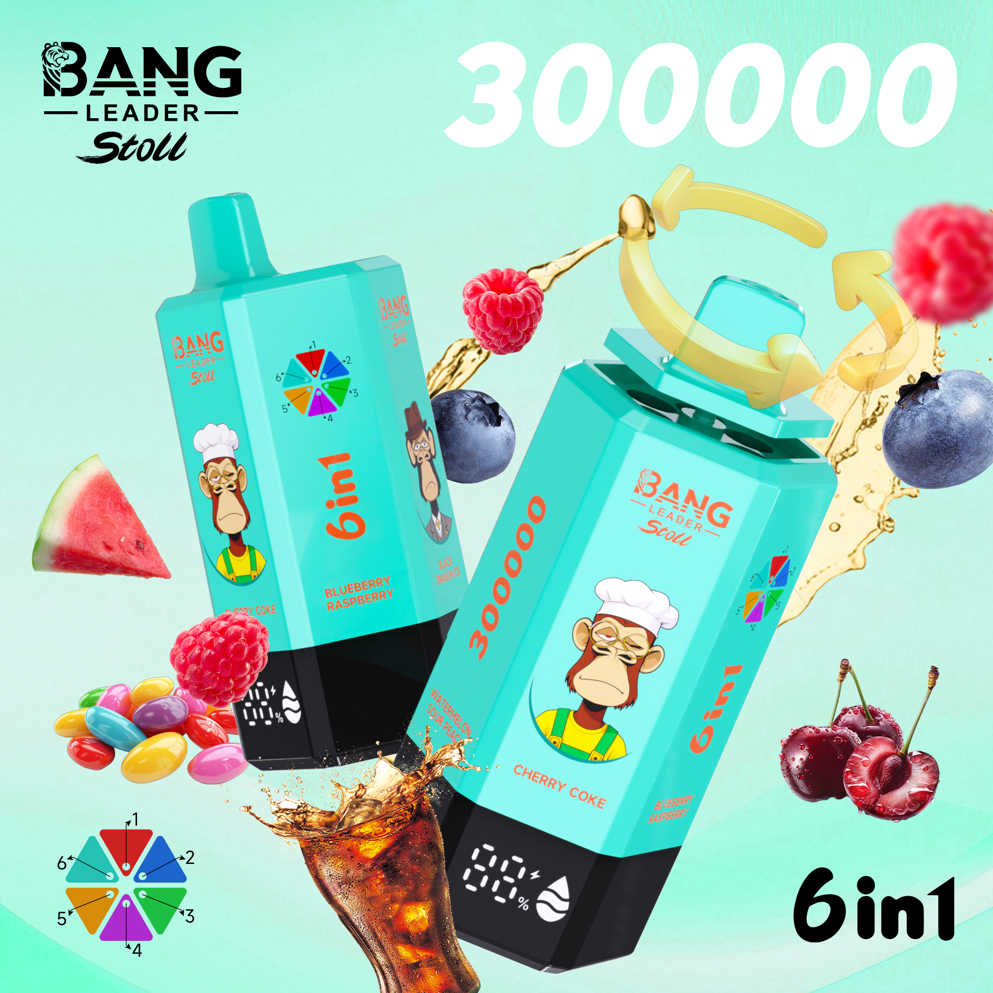 Bang Leader Stoll 300 000 zaciągnięć, e‑papieros 6‑w‑1 z fabrycznie napełnionym płynem | wiele smaków, ładowalny