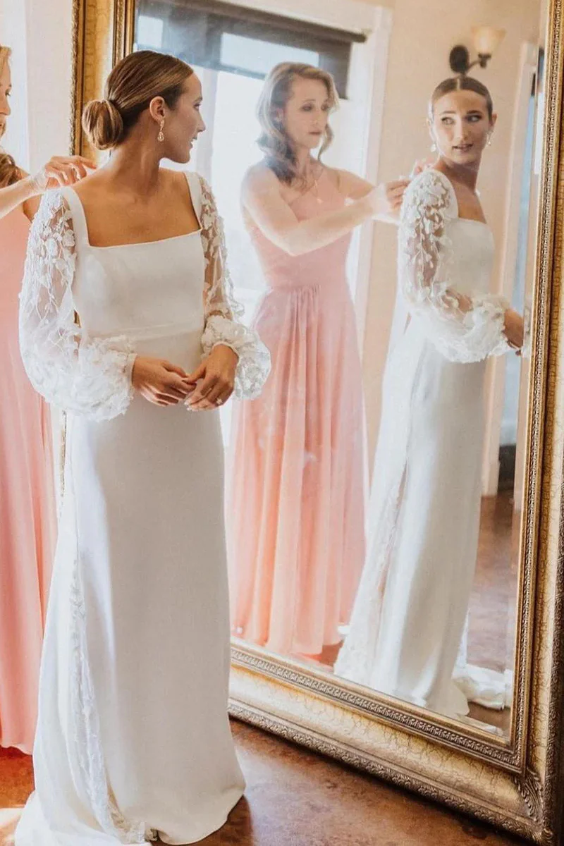 Elegant Mermaid Square Neck Elastic Satin Wedding Dress with Ruffled Sleeves