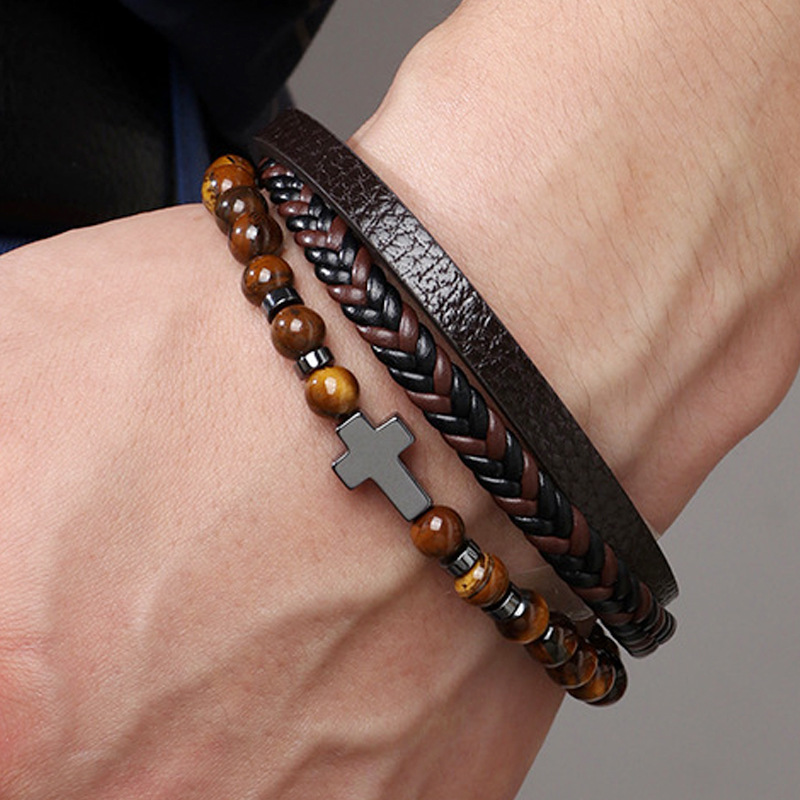 Men's Multi Layer Braided Cross PU Leather Bead Bracelet