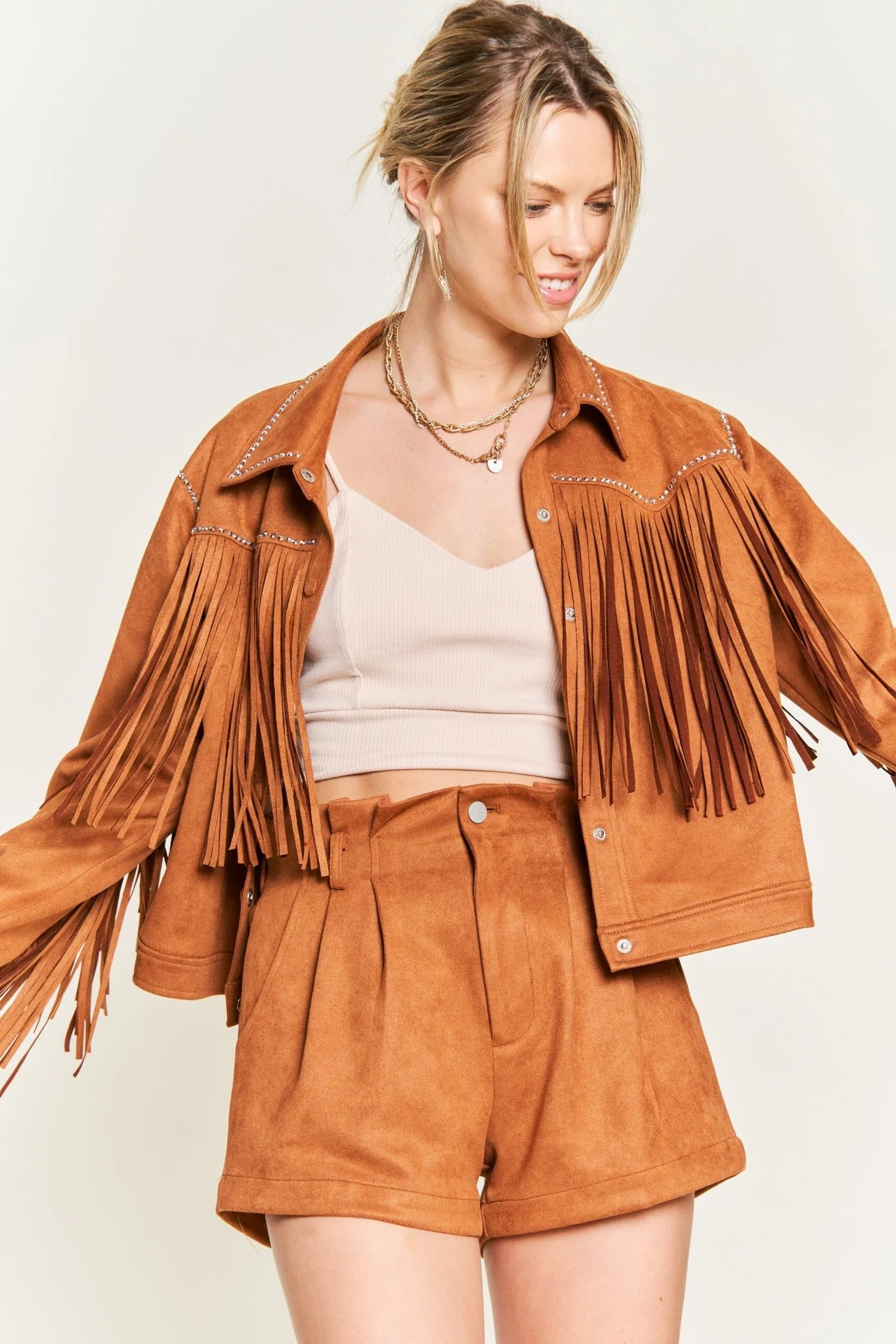 Camel Suede Studded Fringe Jacket