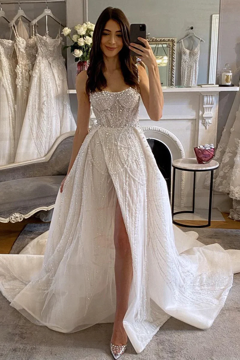 Ball Gown Sweetheart Tulle Organza Long Wedding Dress with Beading