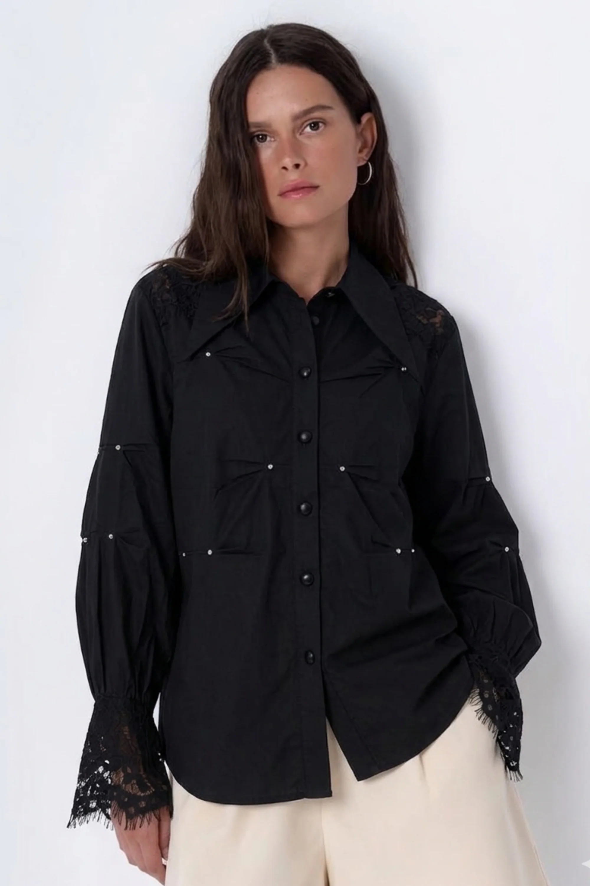 Black Lace Detail Studded Collar Shirt
