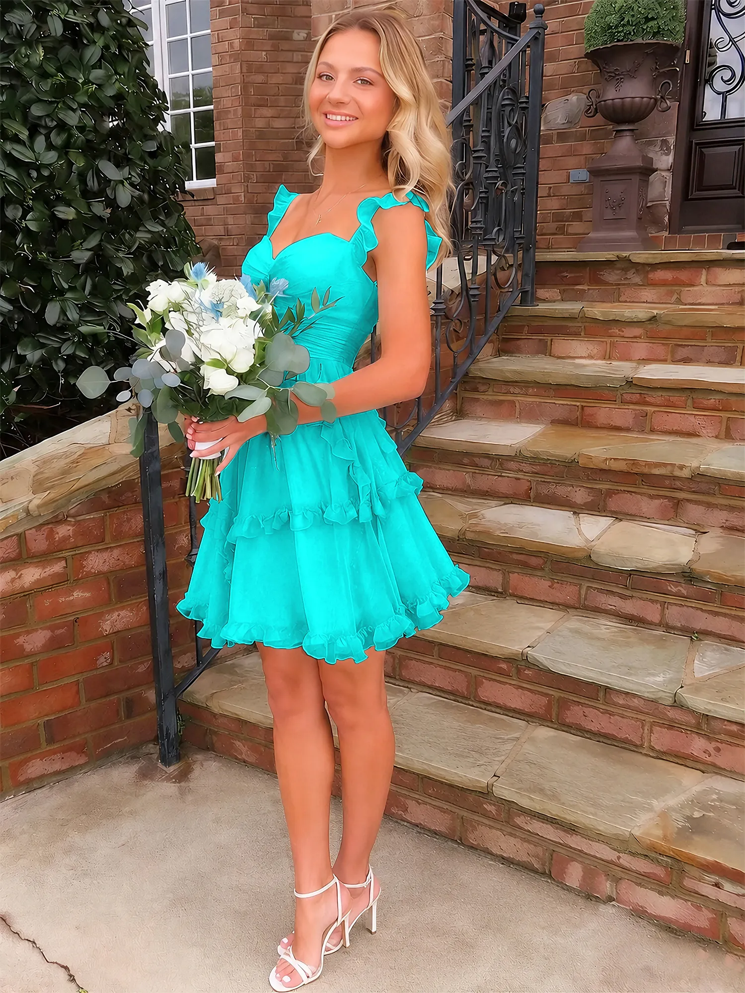 Sweetheart Ruffle Strap Tiered Chiffon Mini Homecoming Dress