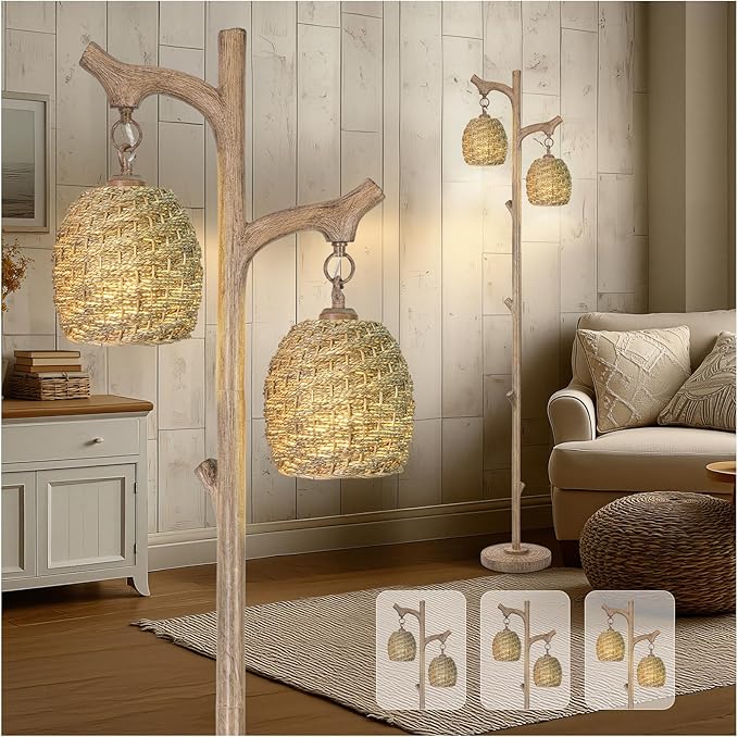 LUMIGROVE Vintage 68” Tall Floor Lamp with Straw Rope Woven Shade