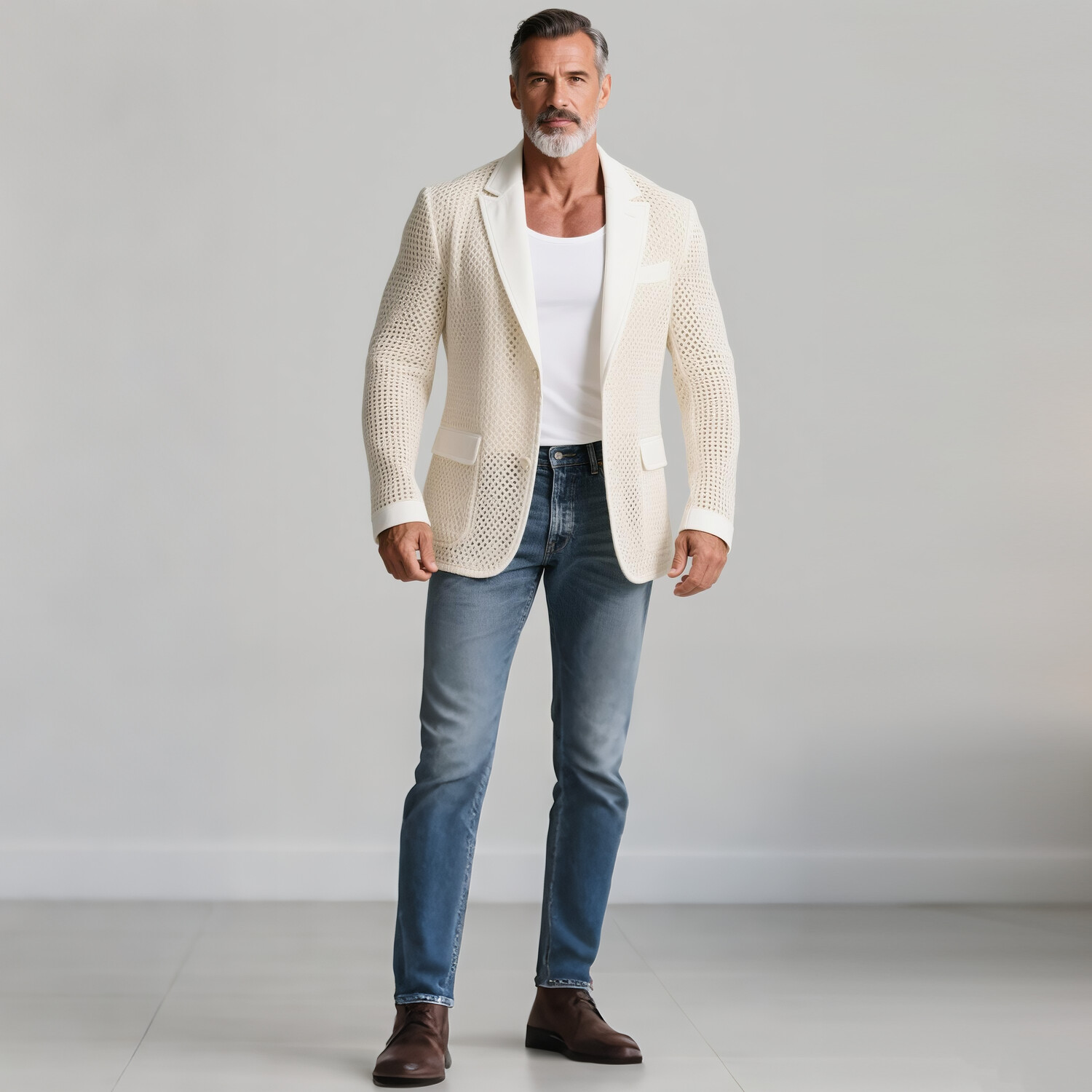 Men's Hollow Crochet Knit Notch Lapel Two Button Long Sleeve Blazer