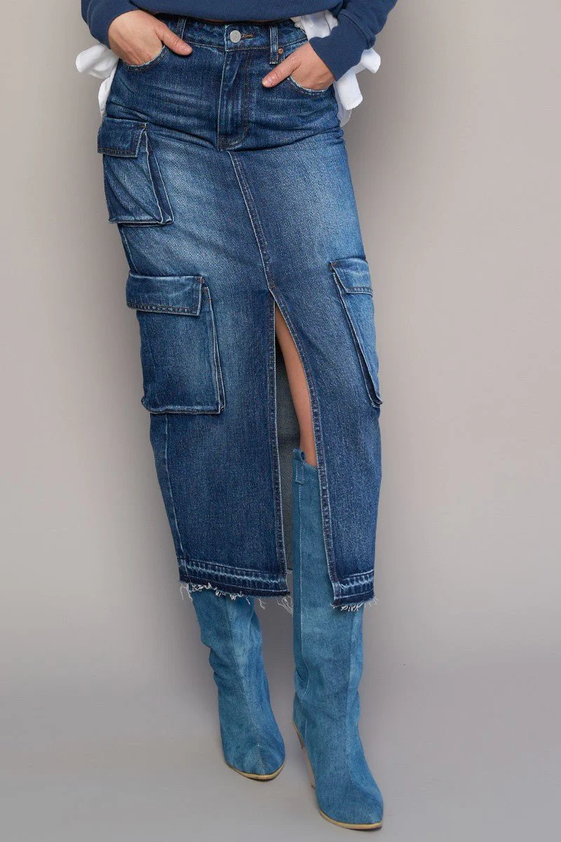 Denim Cargo Skirt with Front Slit