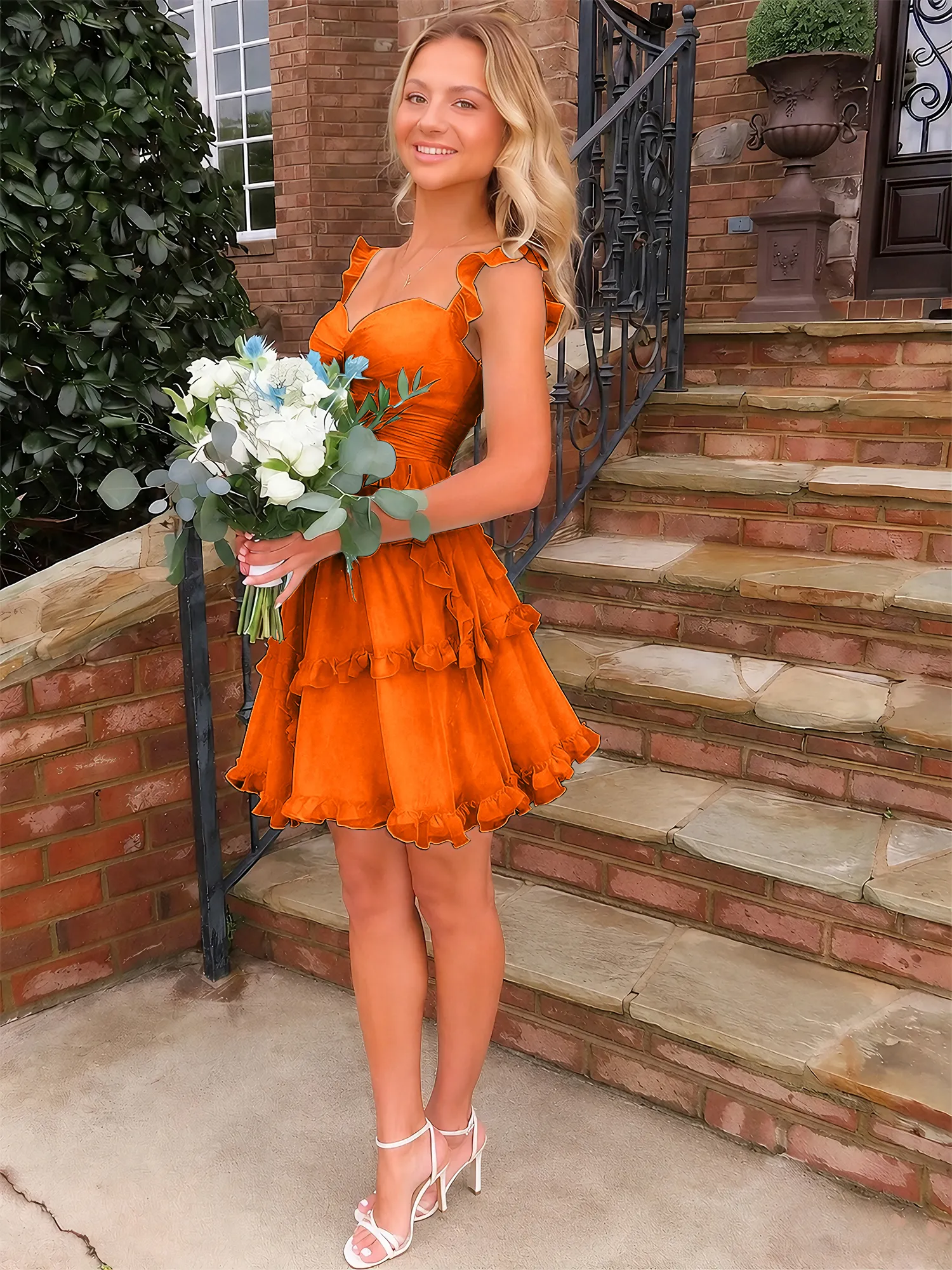 Sweetheart Ruffle Strap Tiered Chiffon Mini Homecoming Dress