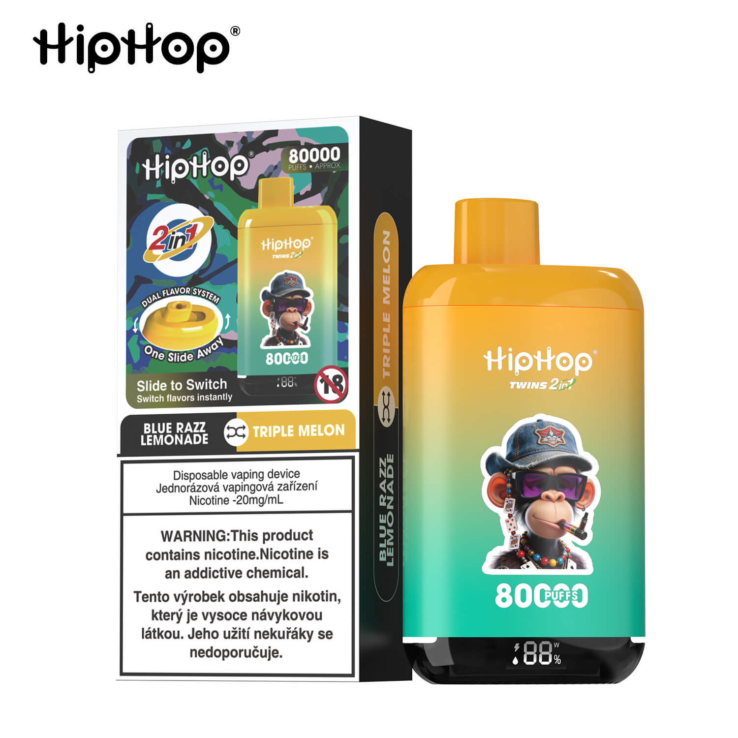 HIPHOP ładowalne urządzenie do waporyzacji, 80000 zaciągnięć, dwa smaki, ekran LED, certyfikat TPD