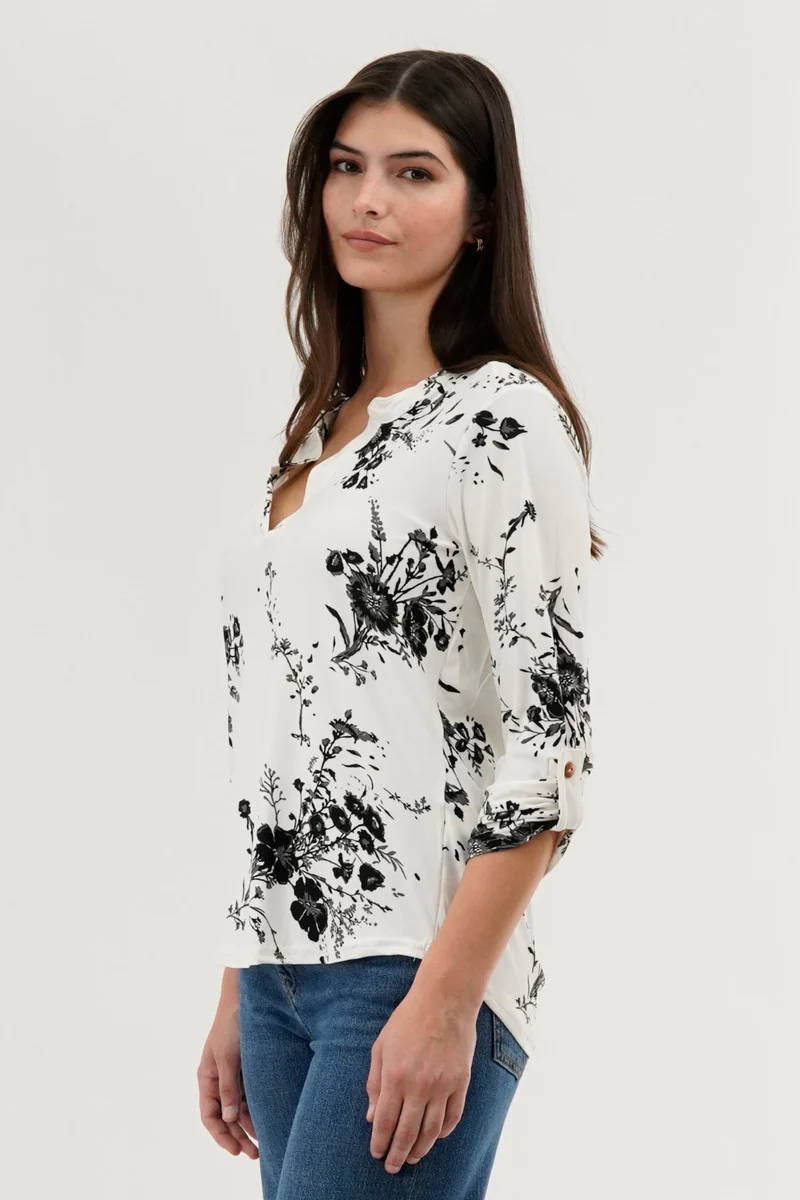Floral Split Neck Blouse - White