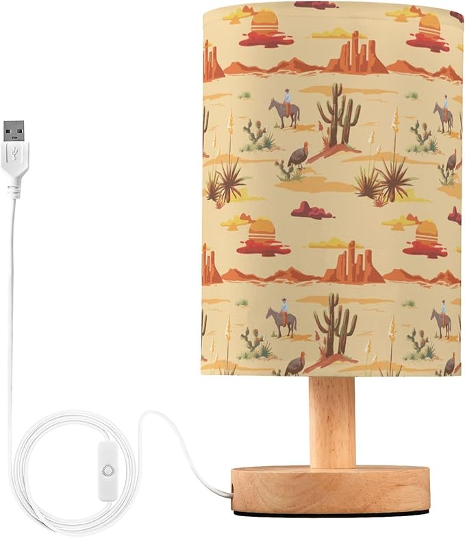 Table Lamp Vintage Desert Sunset Pattern Cactus Mountain Cowboy Horse Turkey Nightstand Lamp