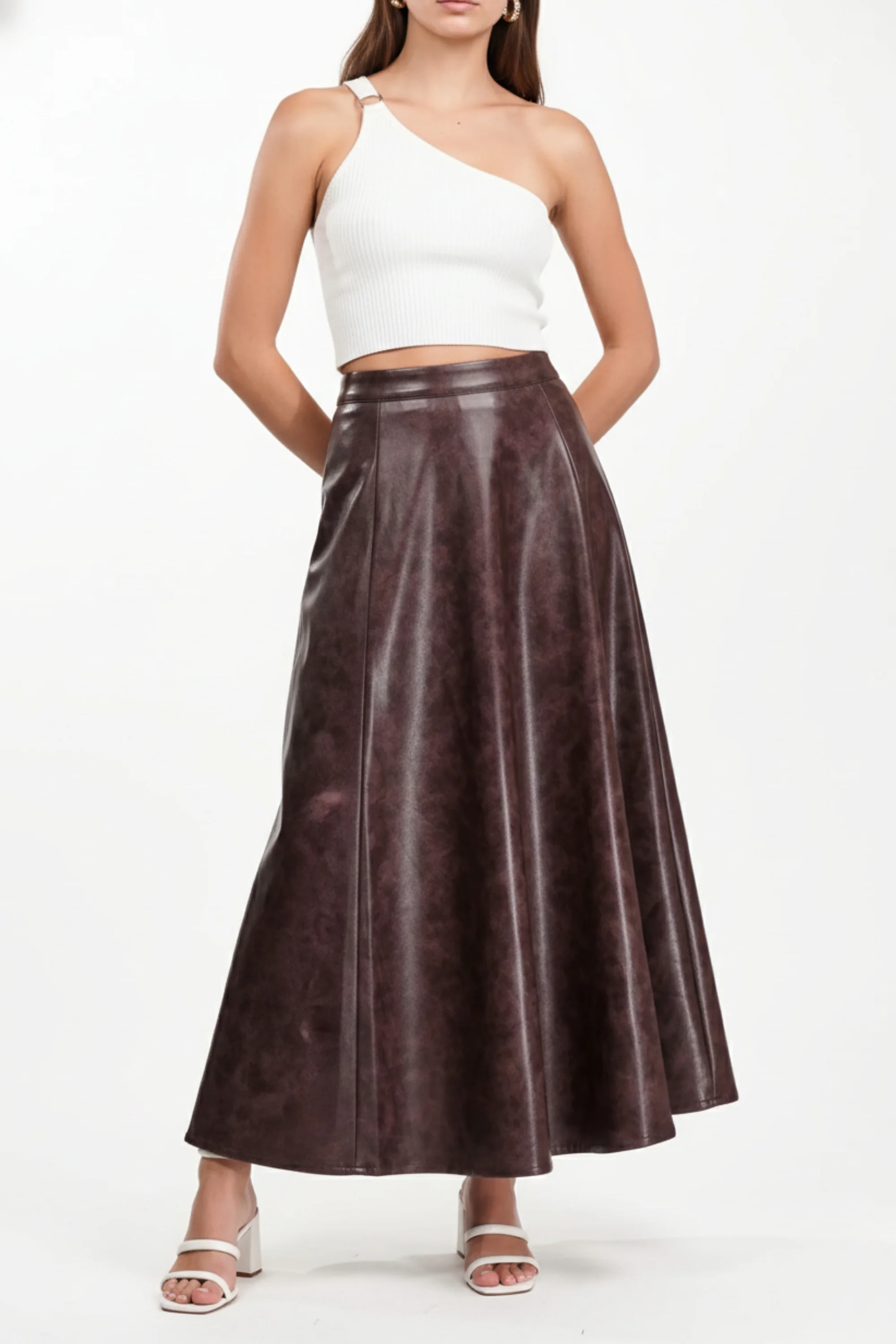 Burnt Umber Flared Leather Skirt