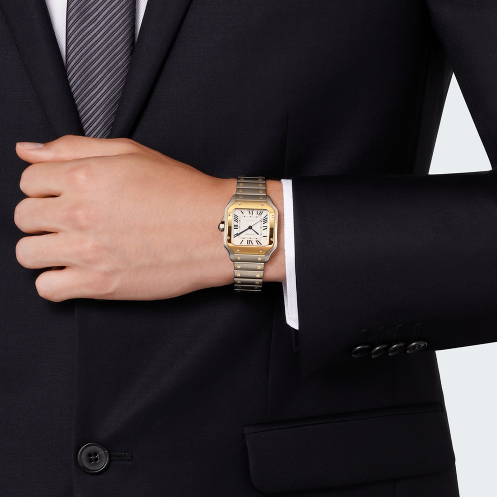 Cartier Santos De Cartier Watch Medium Model, Automatic Movement, Yellow Gold, Steel, Interchangeable Metal And Leather Bracelets-P17310956