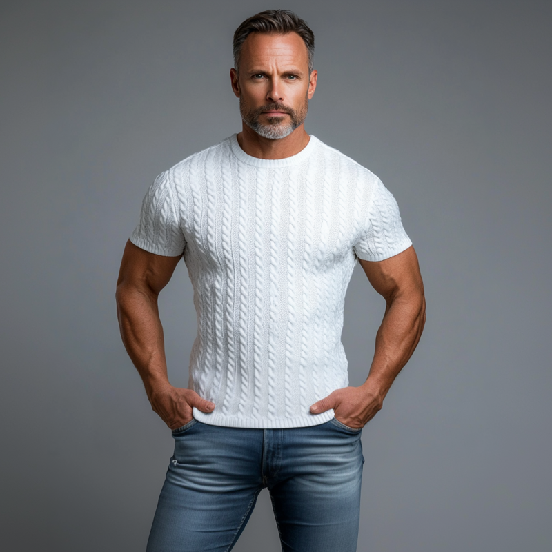 Men's Cable Knit Crew Neck Short Sleeve T-Shirt