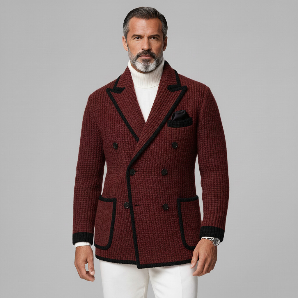 Men's Burgundy Knitted Peak Lapel Double Breasted Long Sleeve Pocket Contrast Trim Blazer