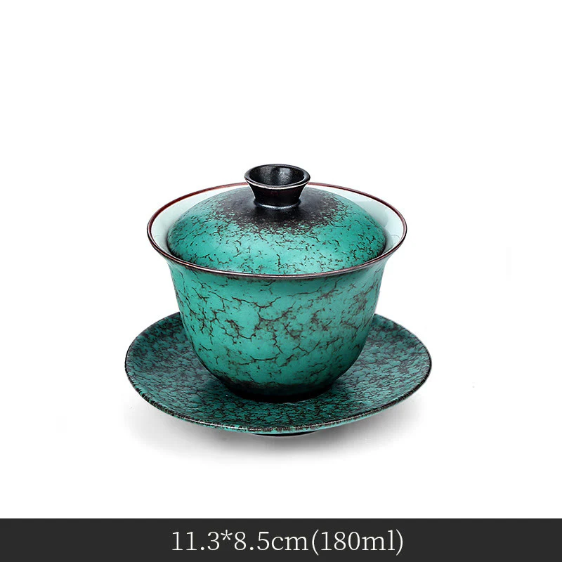 Retro Green Glaze Ceramic Gaiwan Sancai Teacup Kung Fu Tea Cup And Saucer With Lid