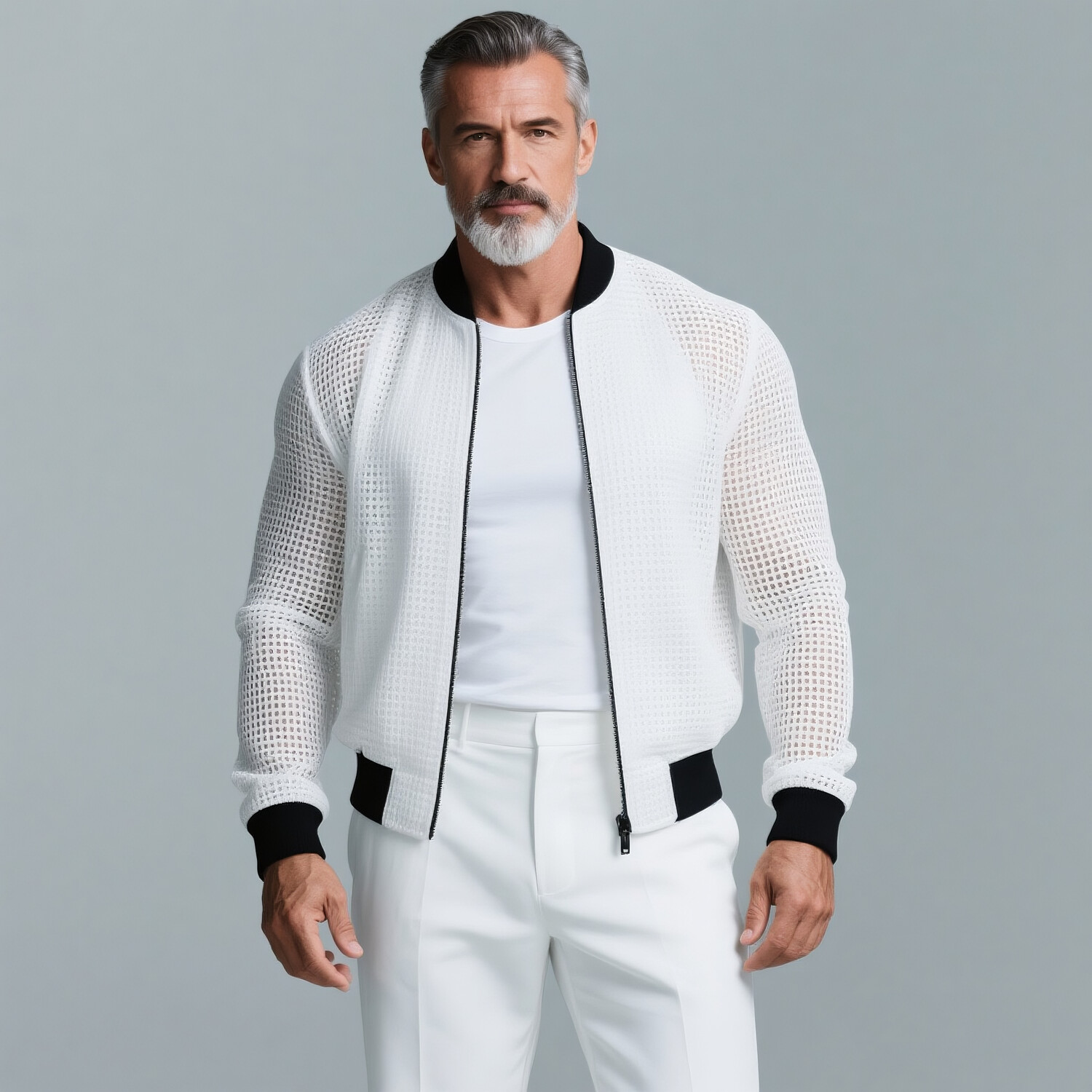 Men's Hollow Out Knit Stand Collar Long Sleeve Zipper Bomber Jacket