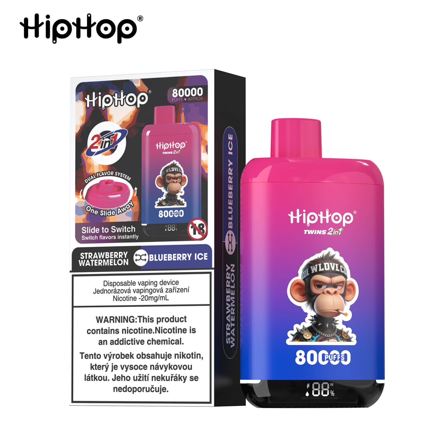 HIPHOP ładowalne urządzenie do waporyzacji, 80000 zaciągnięć, dwa smaki, ekran LED, certyfikat TPD