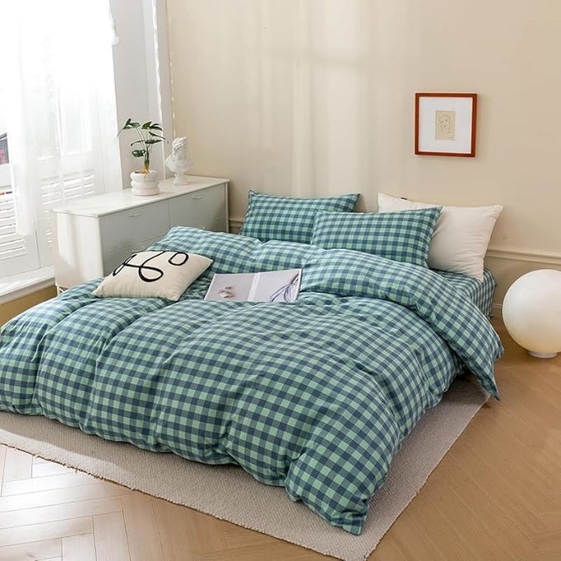 Green Gingham Grid Duvet Cover Queen
