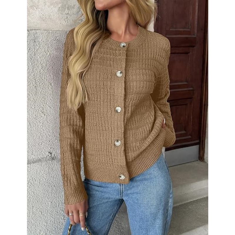 Women 2026 Fall Cropped Knit Cardigan Jacket Crew Neck Textured Waffle Knit Long Sleeve Button‑Front Casual Knit Outerwear