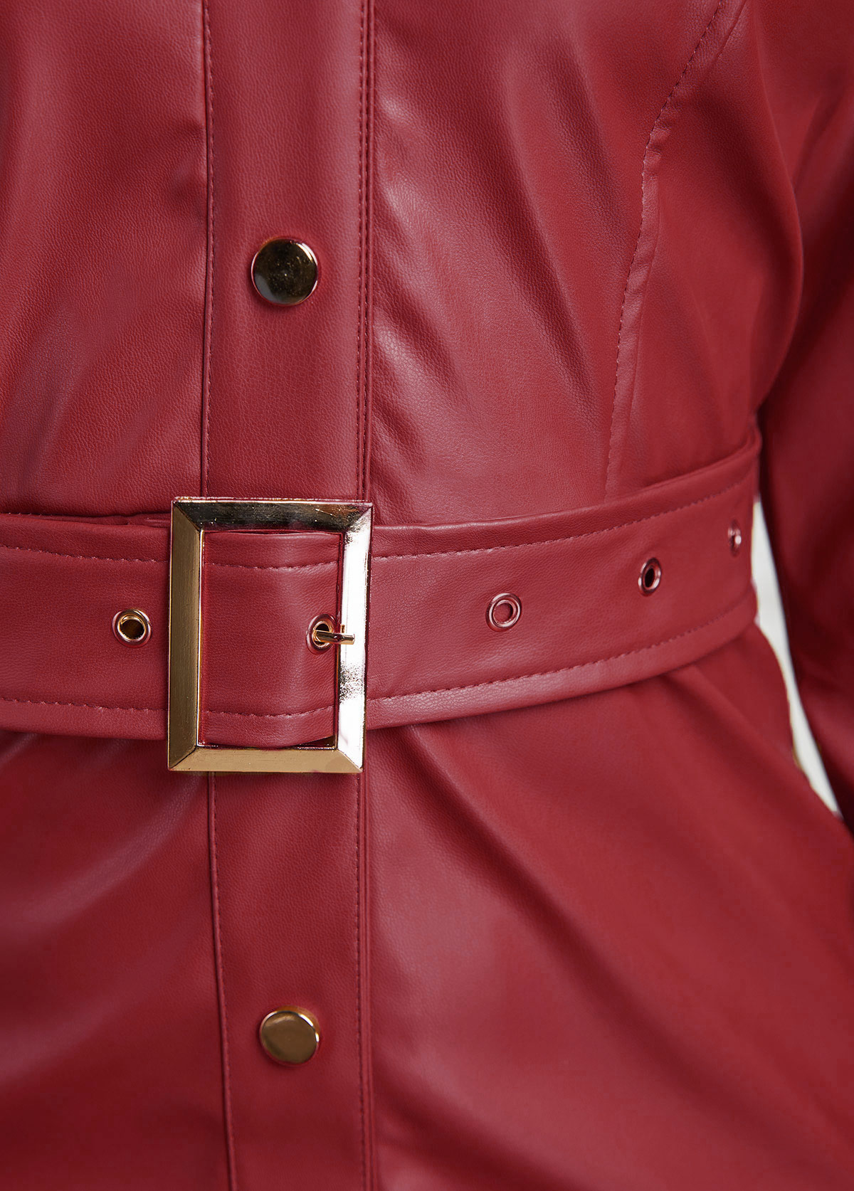 Belted Faux Leather Snap Button Dress