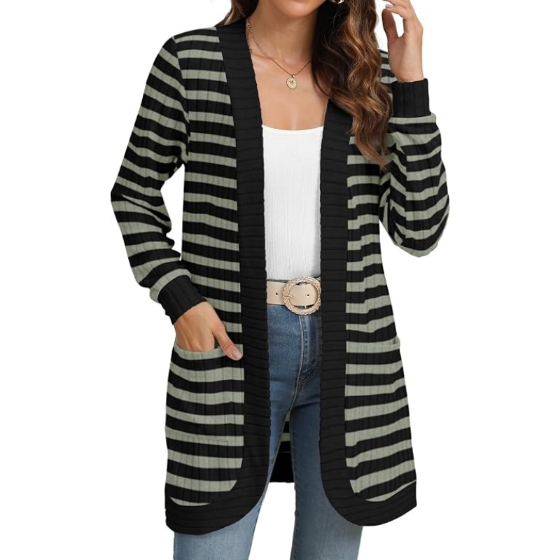 Women Striped Ribbed Knit Cardigan Open Front Long Sleeve Mid‑Length Casual Sweater Cardigan with Side Pockets