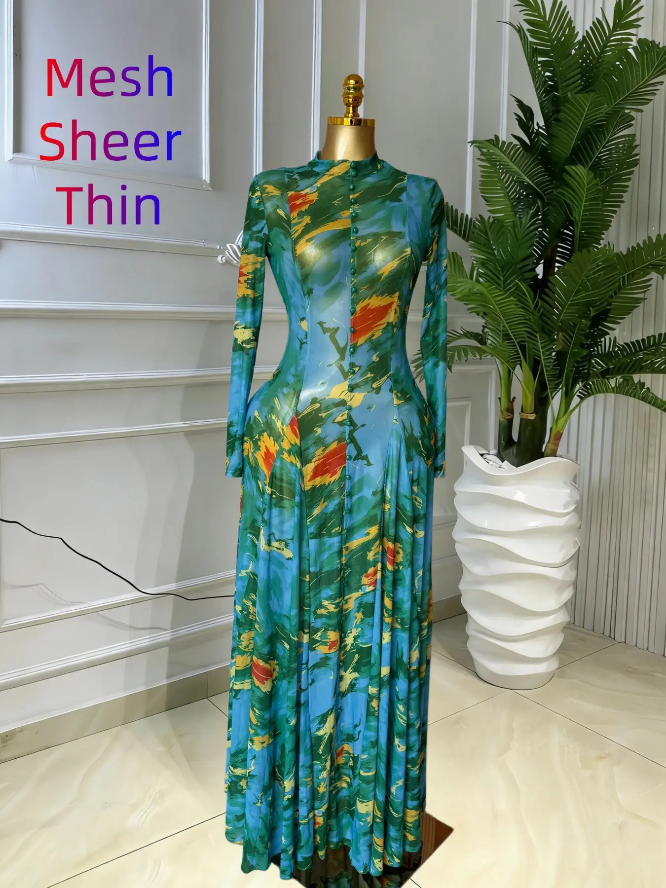 Women's O-Neck Long Sleeve Woven Maxi Dress, Tie-Dye Print, Romantic Valentine's Day Party Outfit Gown, Sexy Mesh Sheer Dress, Spring Sexy Club Street Evening Wear Lady Skirts