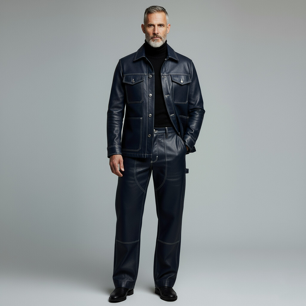 Men's Navy Blue PU Leather Contrast Stitched Straight Leg Pants