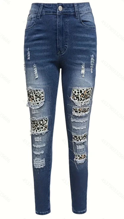 Women's Denim Patchwork Leopard Print Ripped Casual Trousers